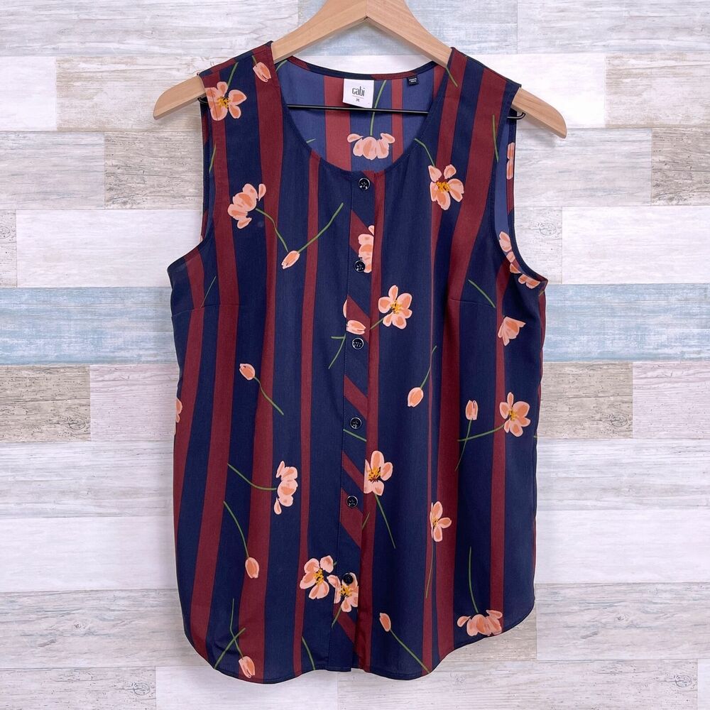 Cabi Scroll Sleeveless Button Up Top Blue Red Floral Striped 3600 Womens Medium
